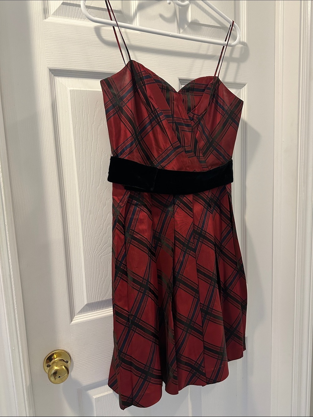 NINE WEST Red Plaid Spaghetti-Strap Party Dress Black Velvet Waistband Sz 10 Fun - Picture 3 of 11